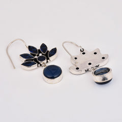 Silver Oxidized Lotus Drop Earrings Navy