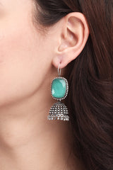 Silver Oxidised finish Jhumka with big glass Stone