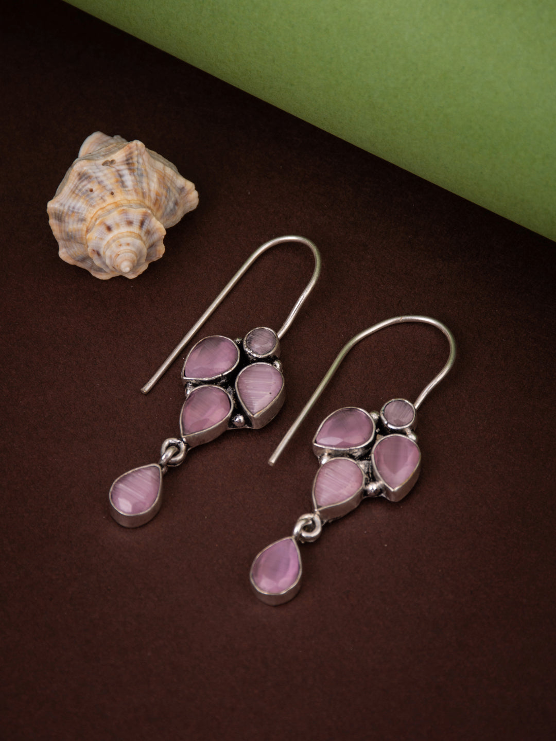 Silver Oxydised finish drop Earring with Pink  AD stone
